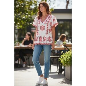 Boho Embroidered Peasant Blouse Top White Red V Neck Short Sleeve Ruffle